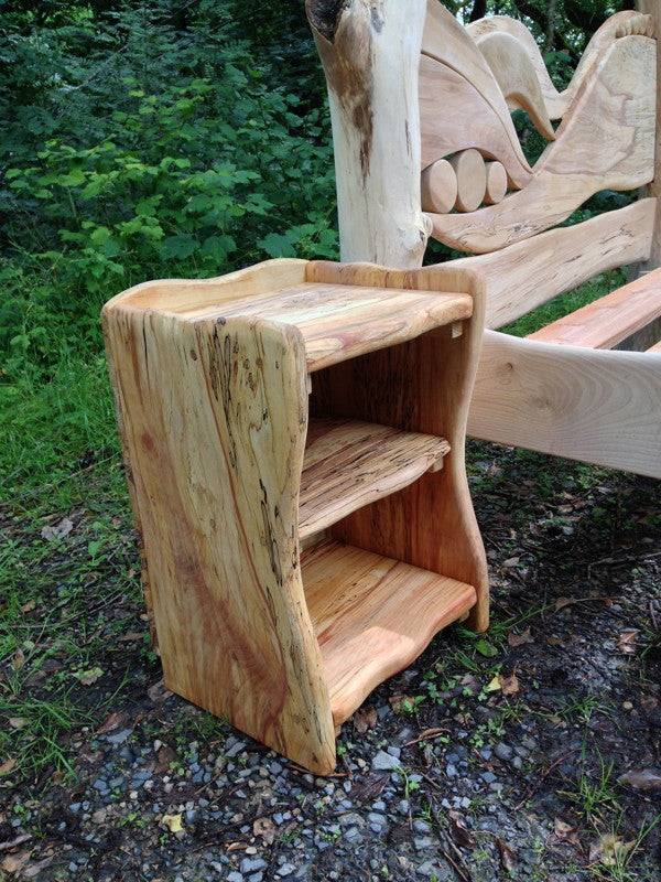 Driftwood bedside table with natural branch leg — handmade in Mid Wales