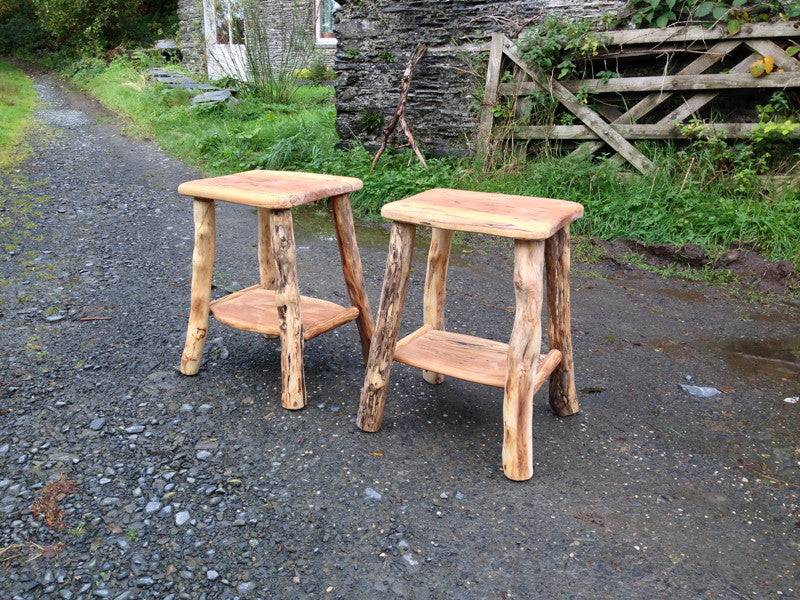 Rustic handmade driftwood bedside tables on gravel path — bespoke, Wales