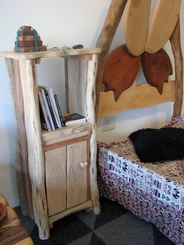 Handmade driftwood bedside table with books — reclaimed wood shelf, bespoke, Wales