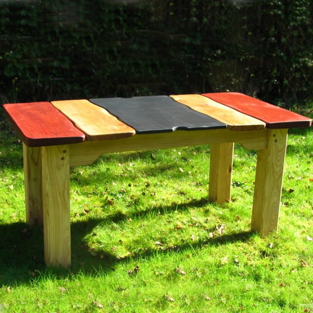 Handmade driftwood dining table in oak, slate and Jarrah — bespoke, Wales