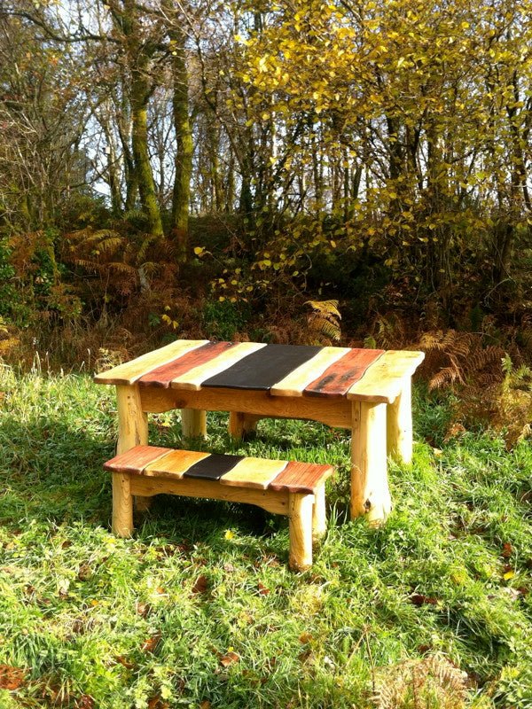 Handmade driftwood outdoor dining table — oak, slate and Jarrah, bespoke, Wales