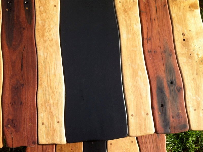 Funky top of handmade driftwood dining table — oak, slate and Jarrah, Wales