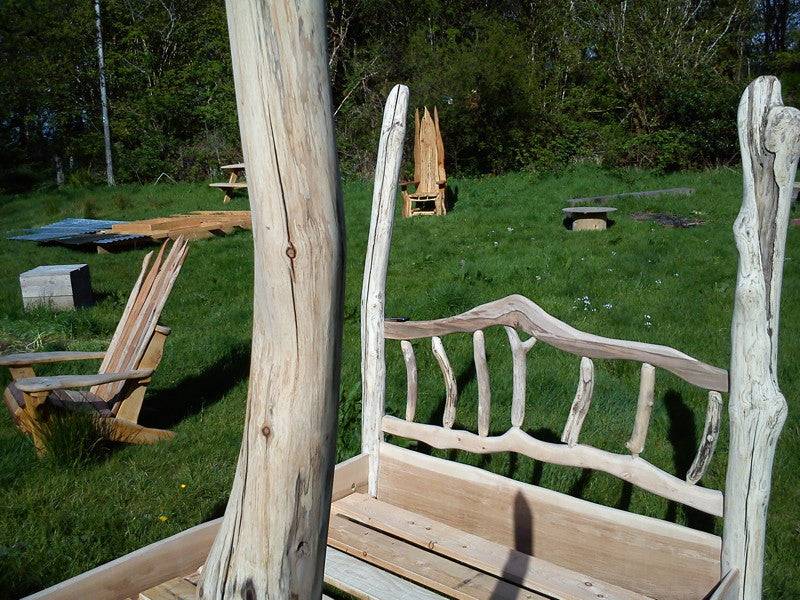 Driftwood headboard on handmade four poster bed — natural coastal wood furniture, Wales