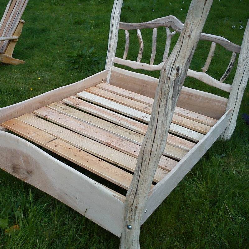 King size driftwood four poster bed — handcrafted natural wood bed frame, Wales