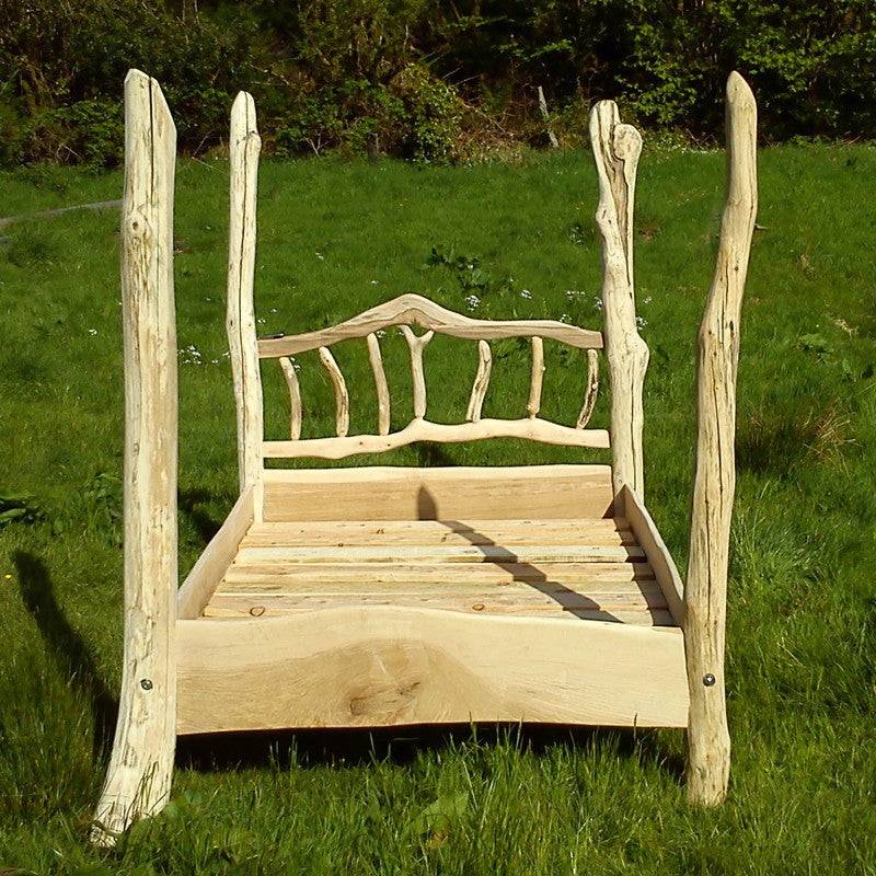 Handmade wooden four poster driftwood bed — rustic natural bedroom furniture, Wales