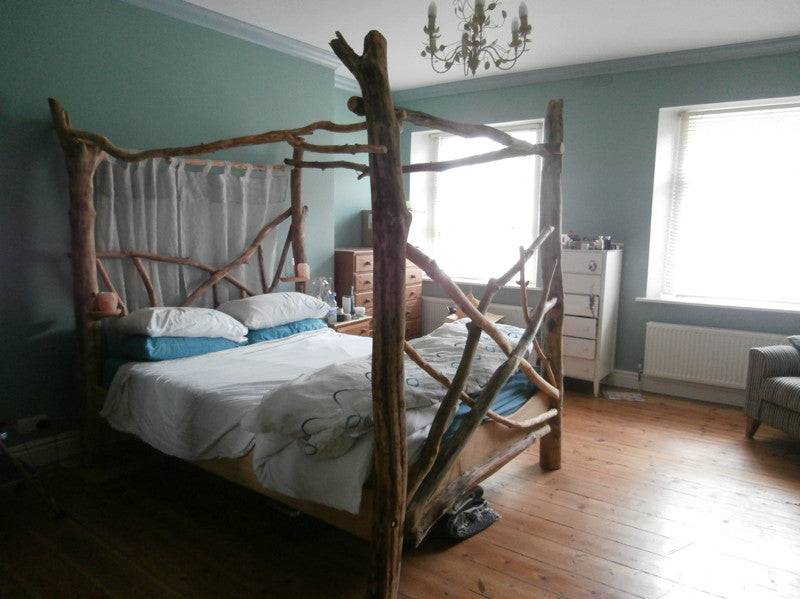 Driftwood four post canopy bed — handcrafted solid oak and natural wood, Wales