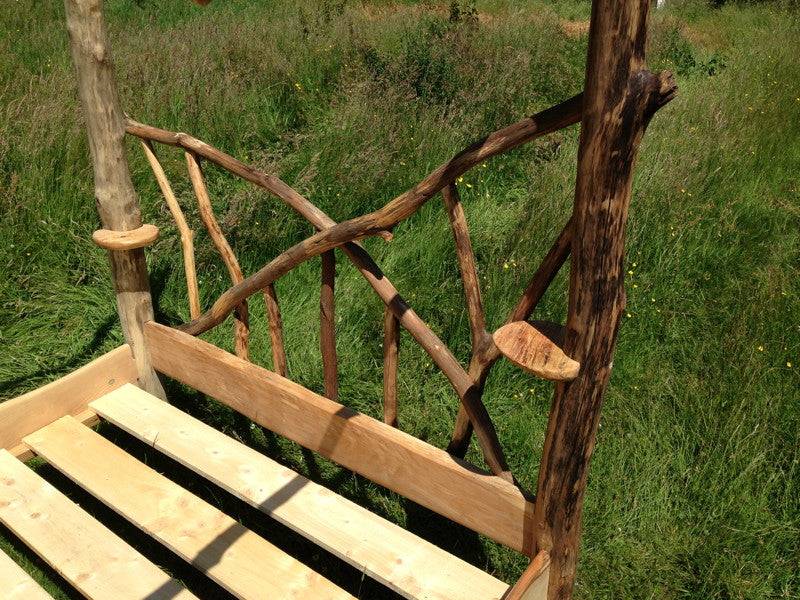Spalted wood tree headboard on handmade driftwood four poster bed — bespoke bedroom furniture, Wales