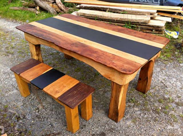 Rustic handmade driftwood and Jarrah bench set with contrasting stripes — bespoke, Wales