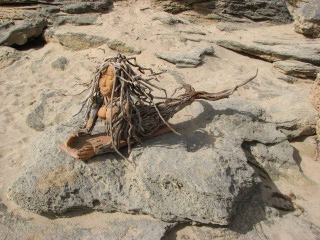 Full view of handcrafted driftwood mermaid sculpture — bespoke wall art, Mid Wales