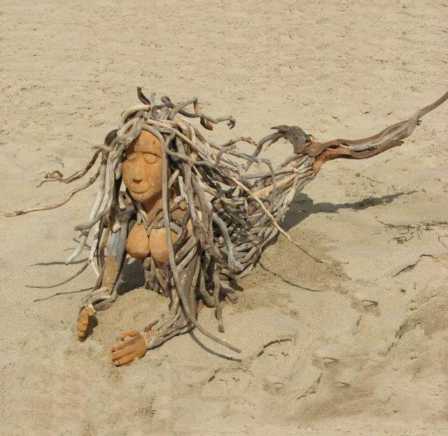 Driftwood mermaid sculpture on wall — handmade natural branch art, Mid Wales