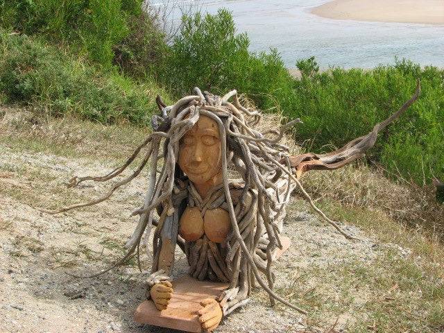 Handcrafted driftwood mermaid wall sculpture — coastal natural art, made in Wales