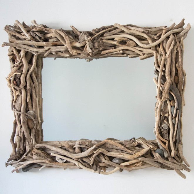 Square driftwood mirror with natural branch frame — handcrafted wall mirror, Wales
