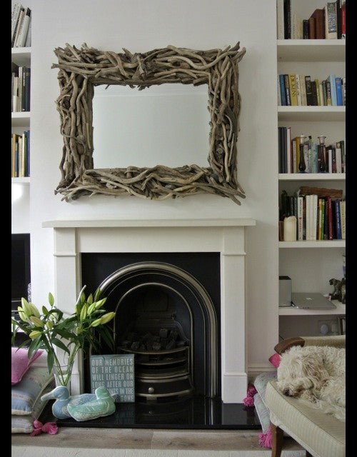 Close-up of handmade driftwood square mirror frame — rustic wall mirror, Mid Wales