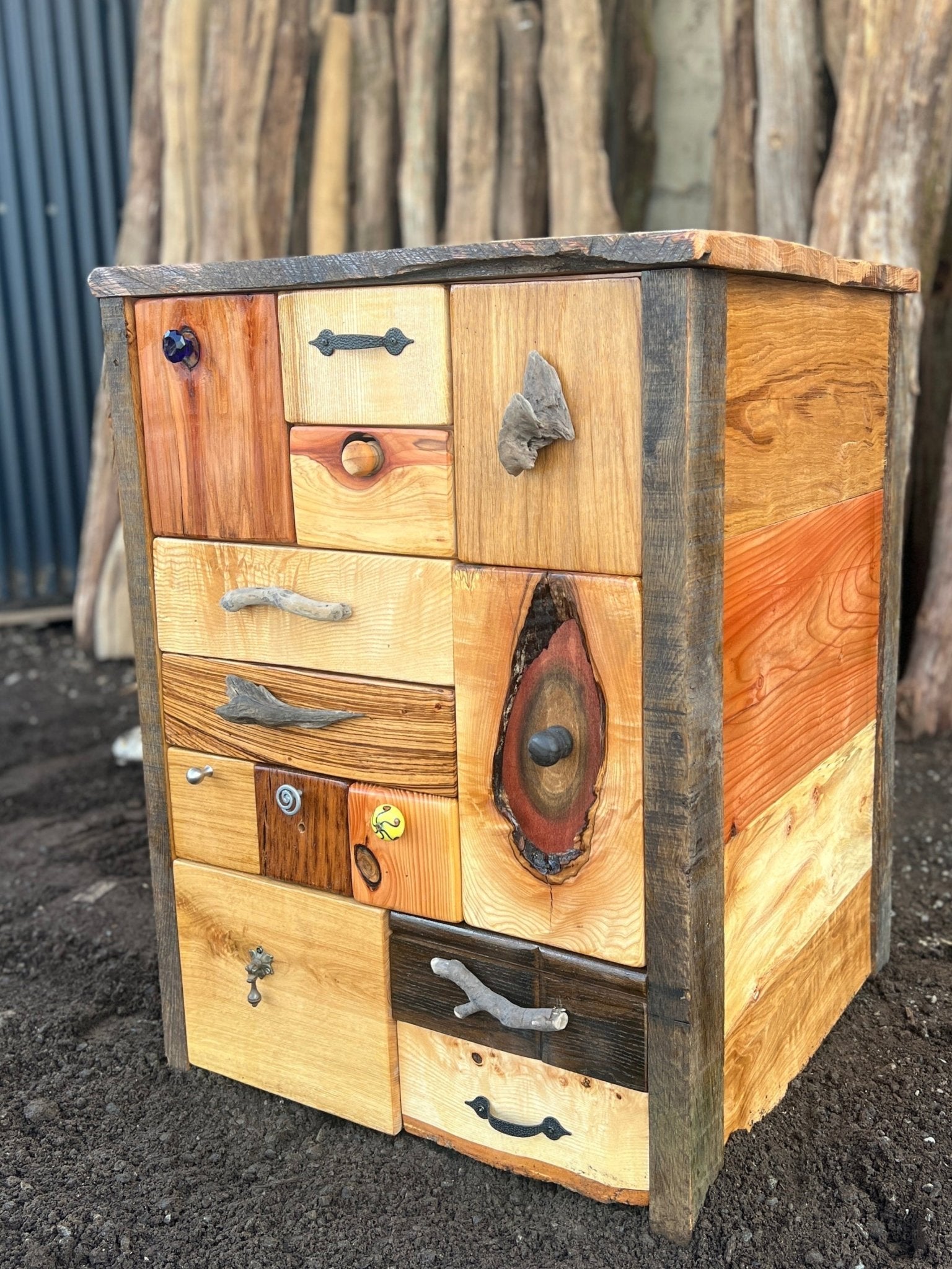 Handmade patchwork chest of drawers — driftwood and mixed hardwoods, bespoke, Wales