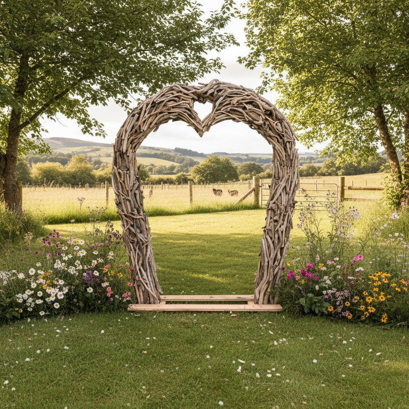 Handmade driftwood wedding arch in park — natural branch frame, bespoke, Wales