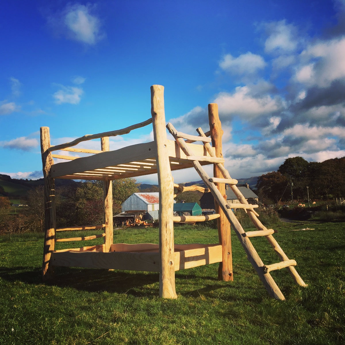 Vue extérieure du lit superposé en bois flotté avec échelle