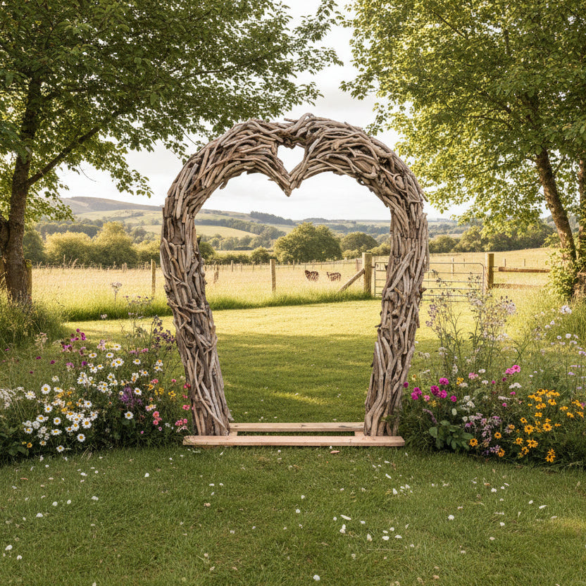 driftwood wedding arch in park