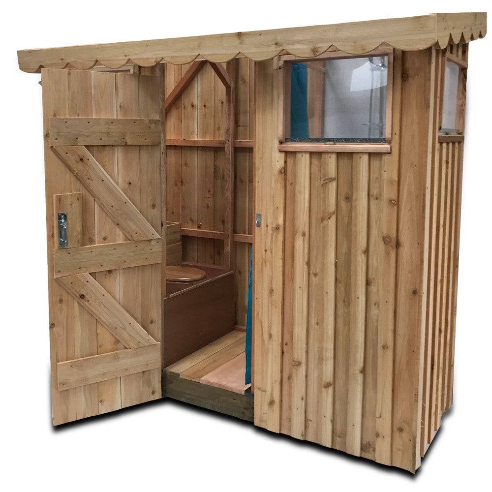 Handmade dual compost toilet and shower unit in natural setting — eco outdoor facility, Wales