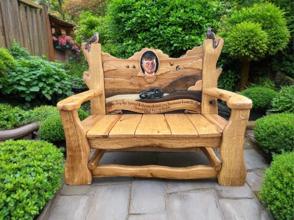 Eternal Memory Memorial Bench | Carved Portrait & Oak | Wales