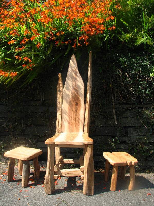 Set of handmade fairy chairs and table in natural wood — bespoke woodland furniture, Wales