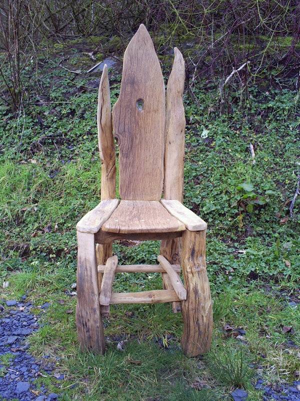 Handcrafted rustic oak fairy story chair — carved fantasy woodland chair for schools, Wales