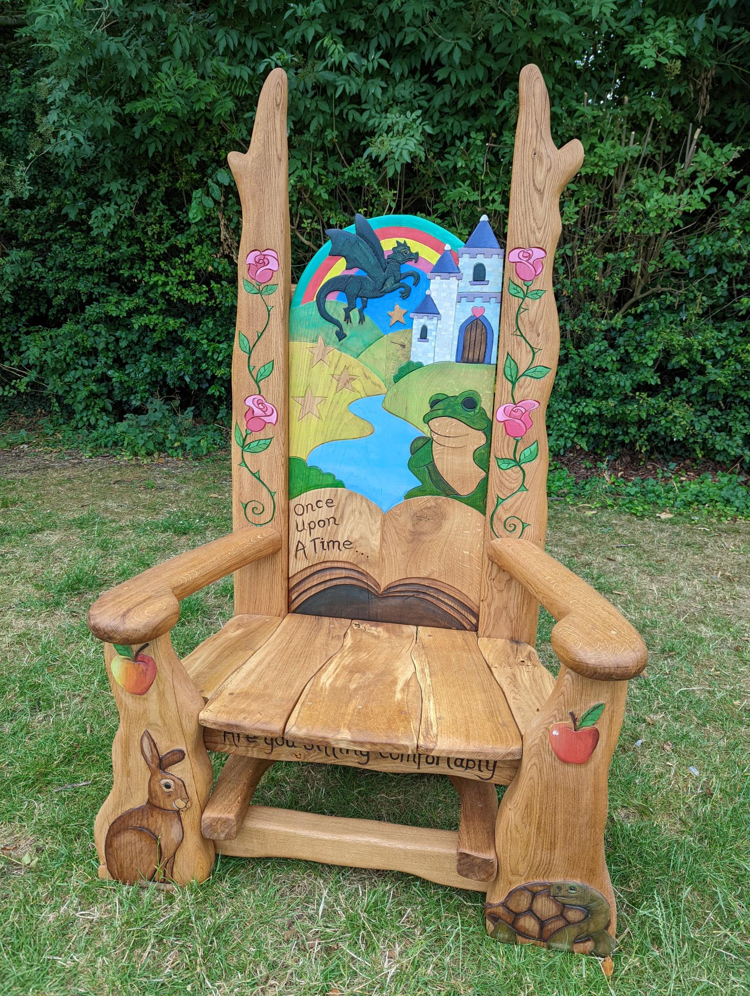 Handmade wooden storytelling chair for a school headteacher — carved oak reading throne, Wales