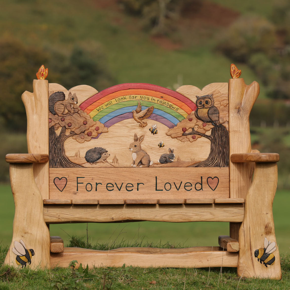 forever loved memorial bench carved rainbow woodland animals