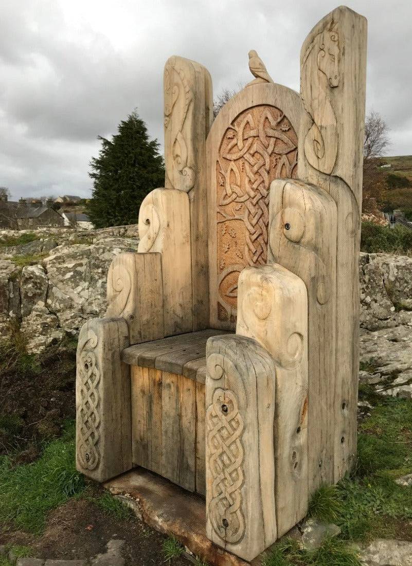 Viking-style carved solid oak Welsh throne — handmade statement furniture, Wales
