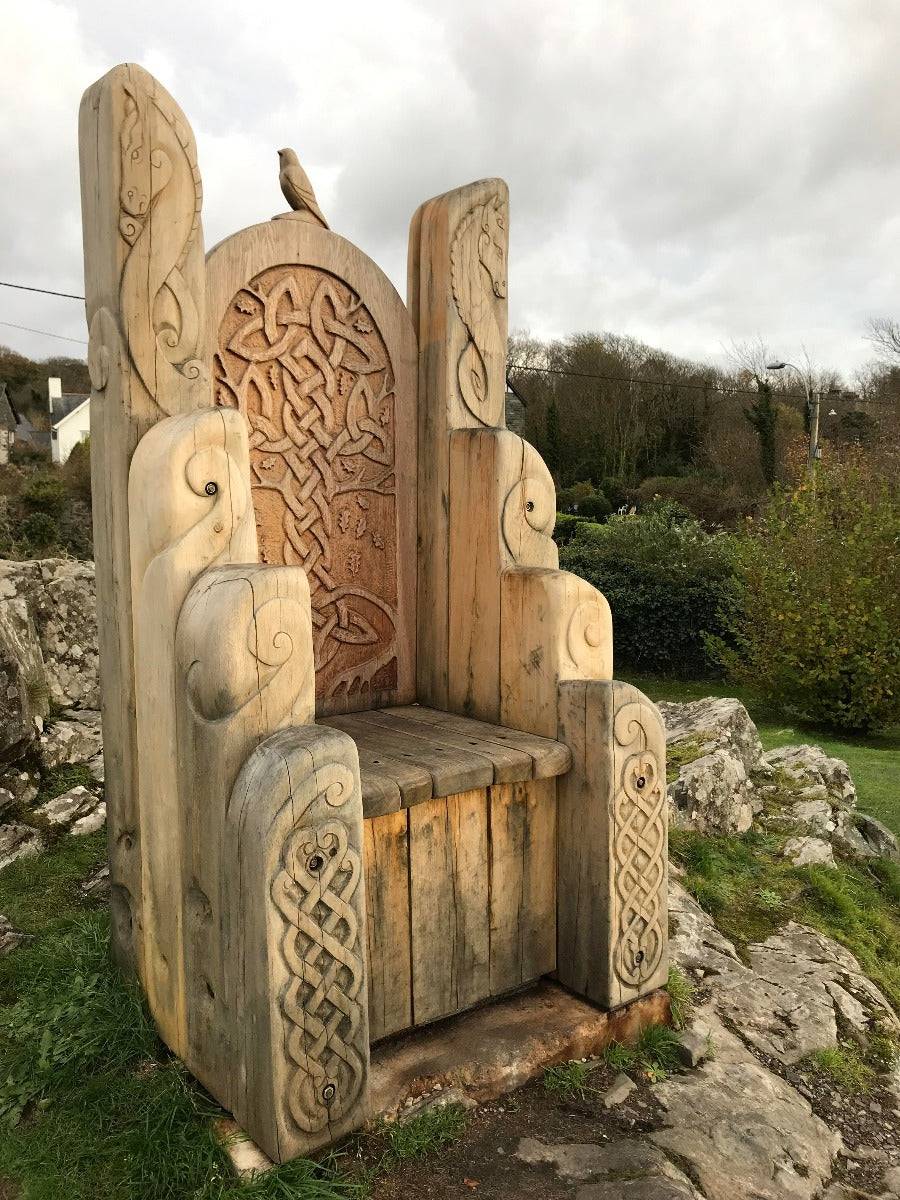 Giant handcrafted carved oak Welsh throne — solid wood statement chair, Wales