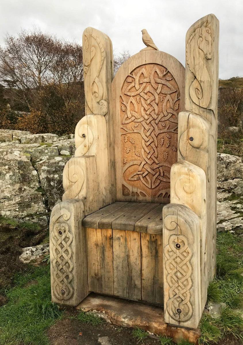 Carved giant handmade wooden throne — solid Welsh oak statement chair, Wales