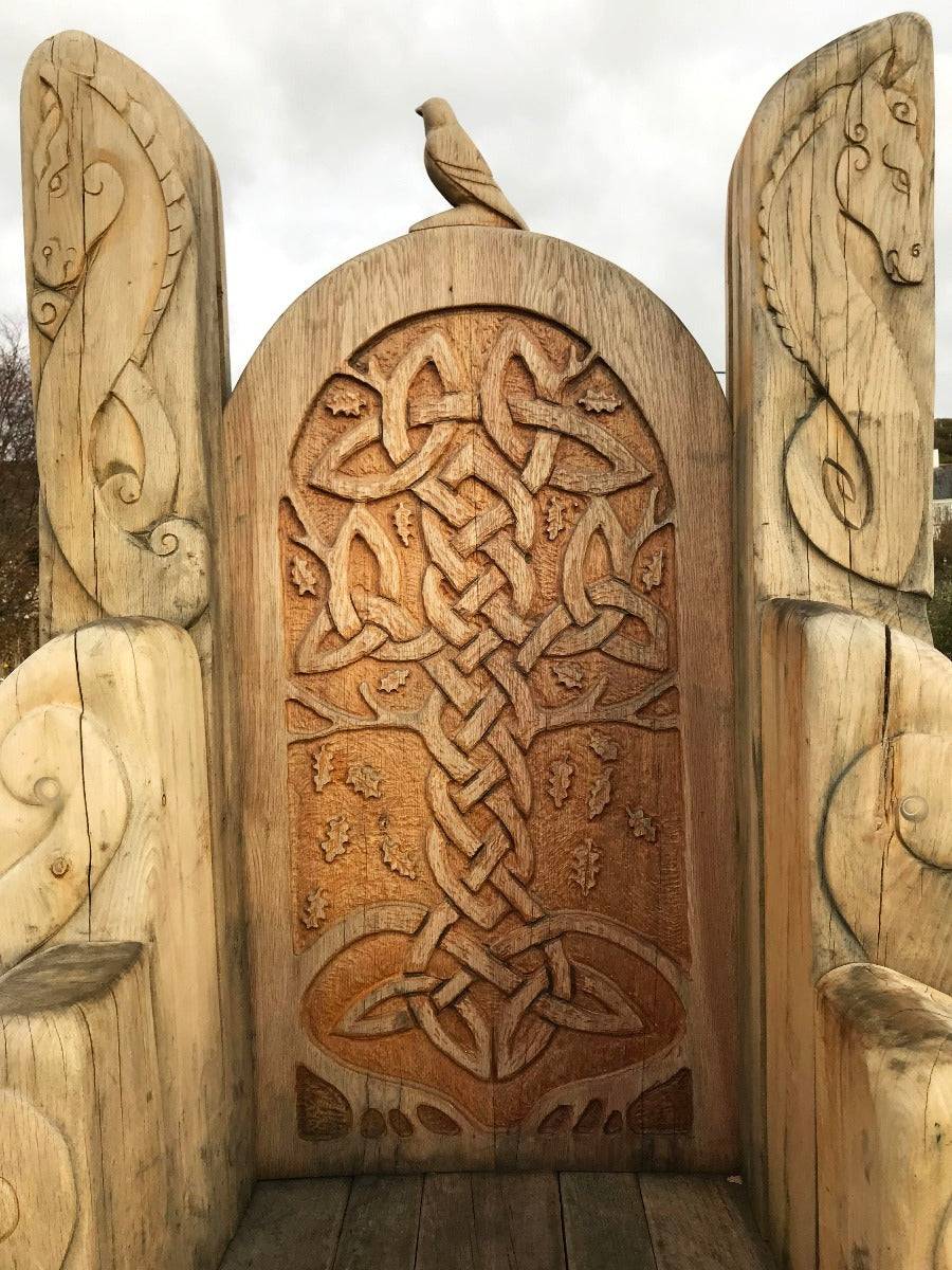 Handcrafted carved oak Welsh throne — solid wood statement chair, Wales