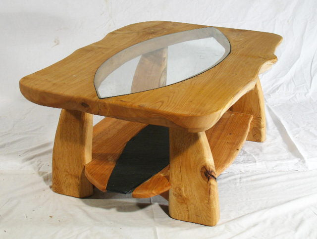 Table basse unique en verre avec design en bois et ardoise