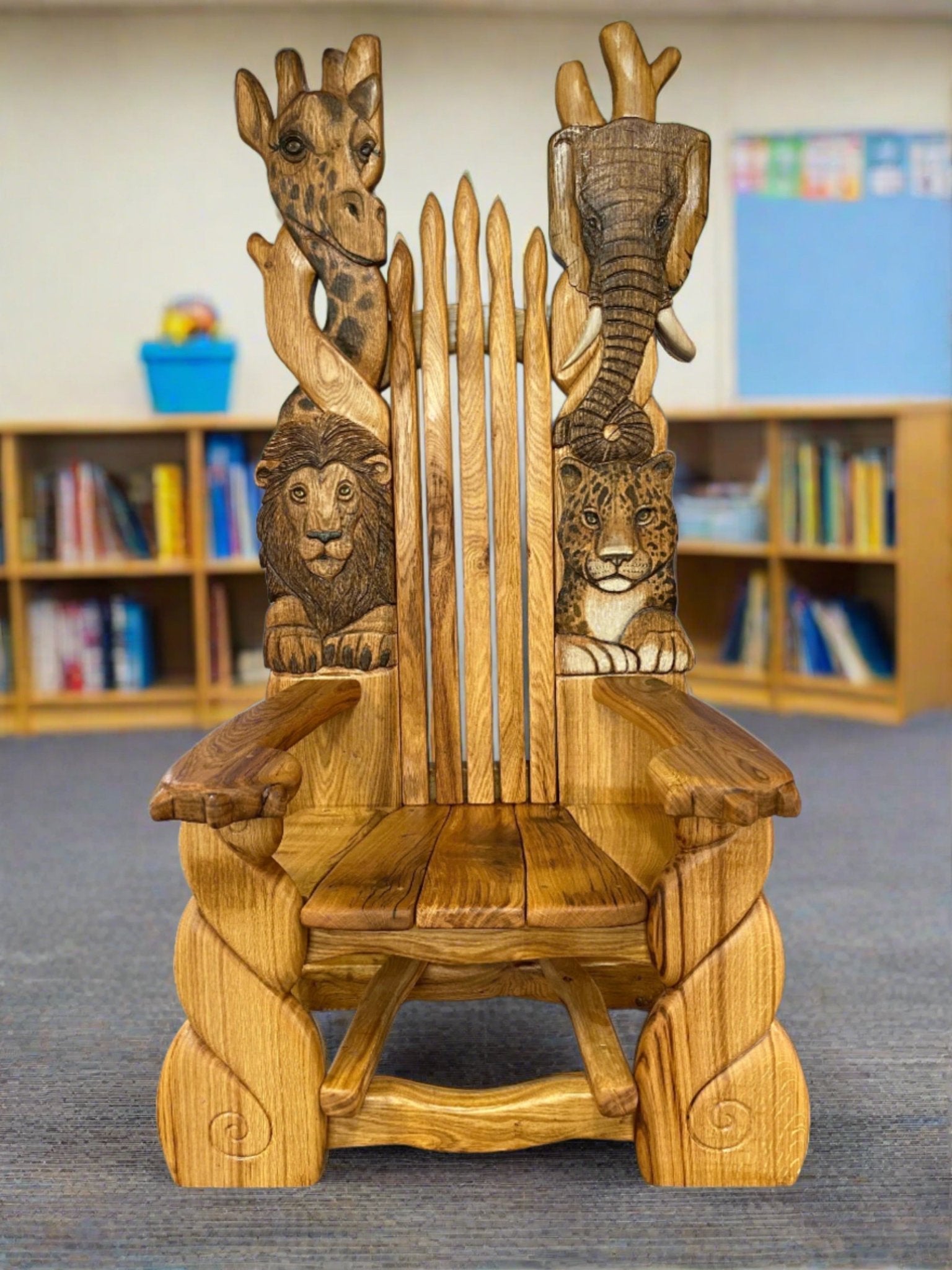wild animals carved on chair
