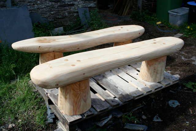 Pair of handmade driftwood benches — hand-carved natural wood, bespoke, Wales