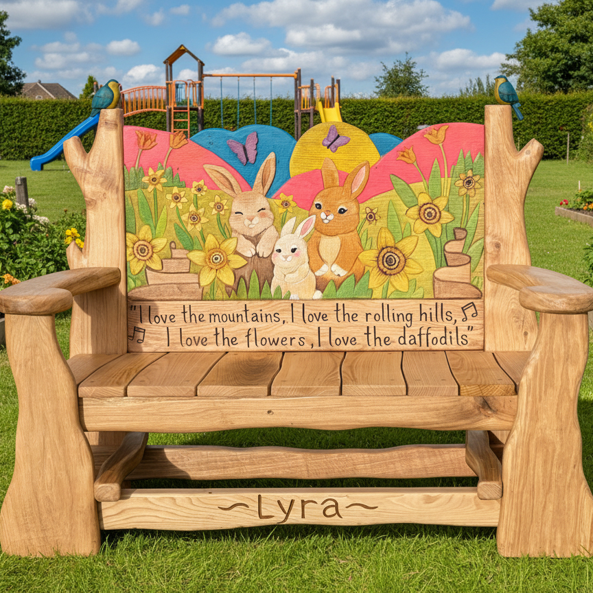 Hand-carved oak woodland memorial bench in a school garden — bespoke, Wales