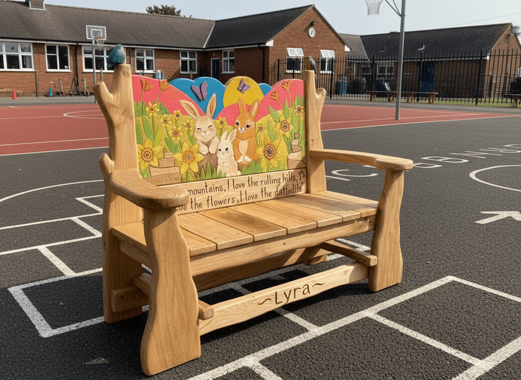 Side view of hand-carved oak memorial bench in school playground — bespoke, Wales