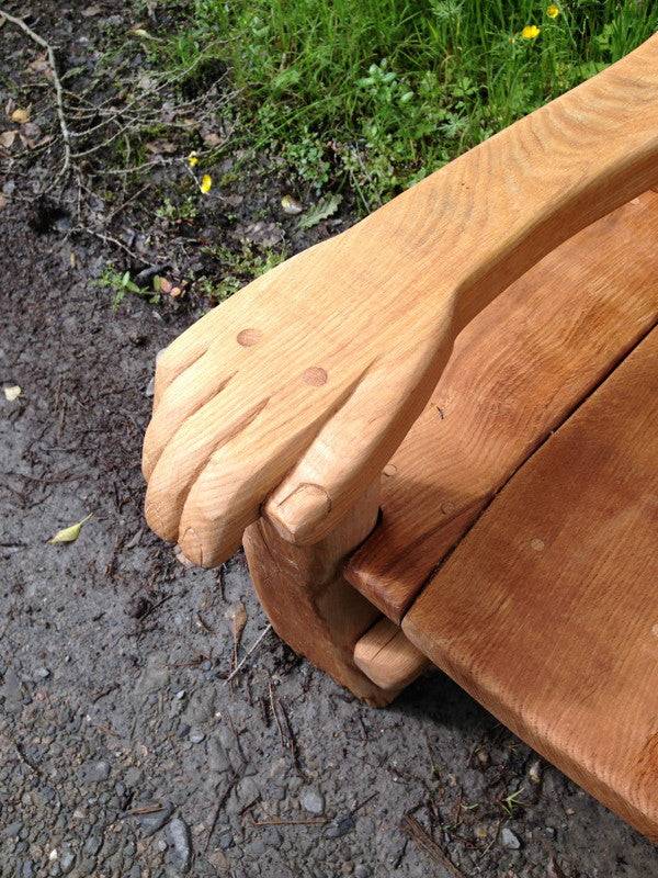 Hand-carved solid oak storytelling chair — rustic bespoke reading throne, Wales