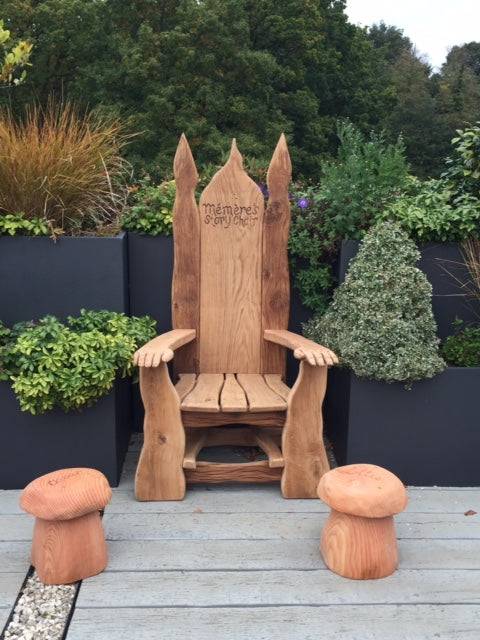 Carved solid oak throne chair — handmade rustic storytelling seat, Wales