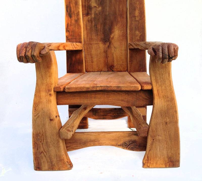 Handmade rustic oak storytelling chair — bespoke carved reading throne, Wales