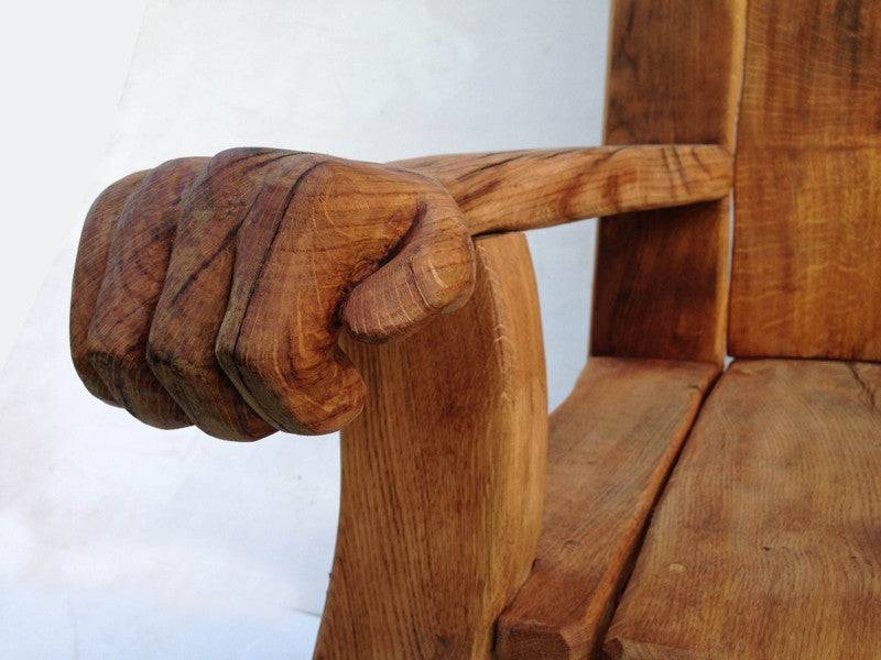 Hand-carved oak story chair — bespoke rustic storytelling throne, Wales
