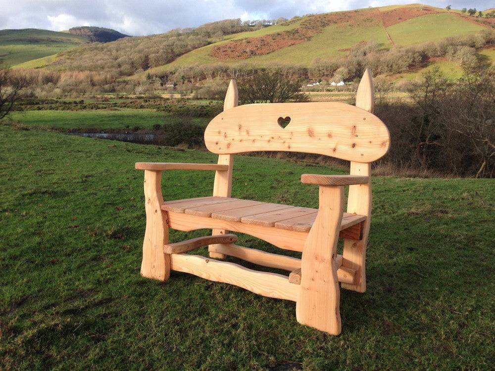 Handmade hand-carved garden bench — solid cedar and Douglas Fir, 2-seater, Wales