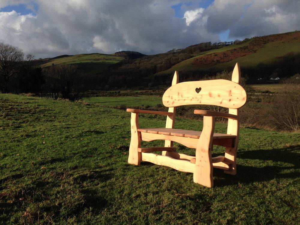 Handmade hand-carved wooden garden bench — 2-seater, bespoke, Wales