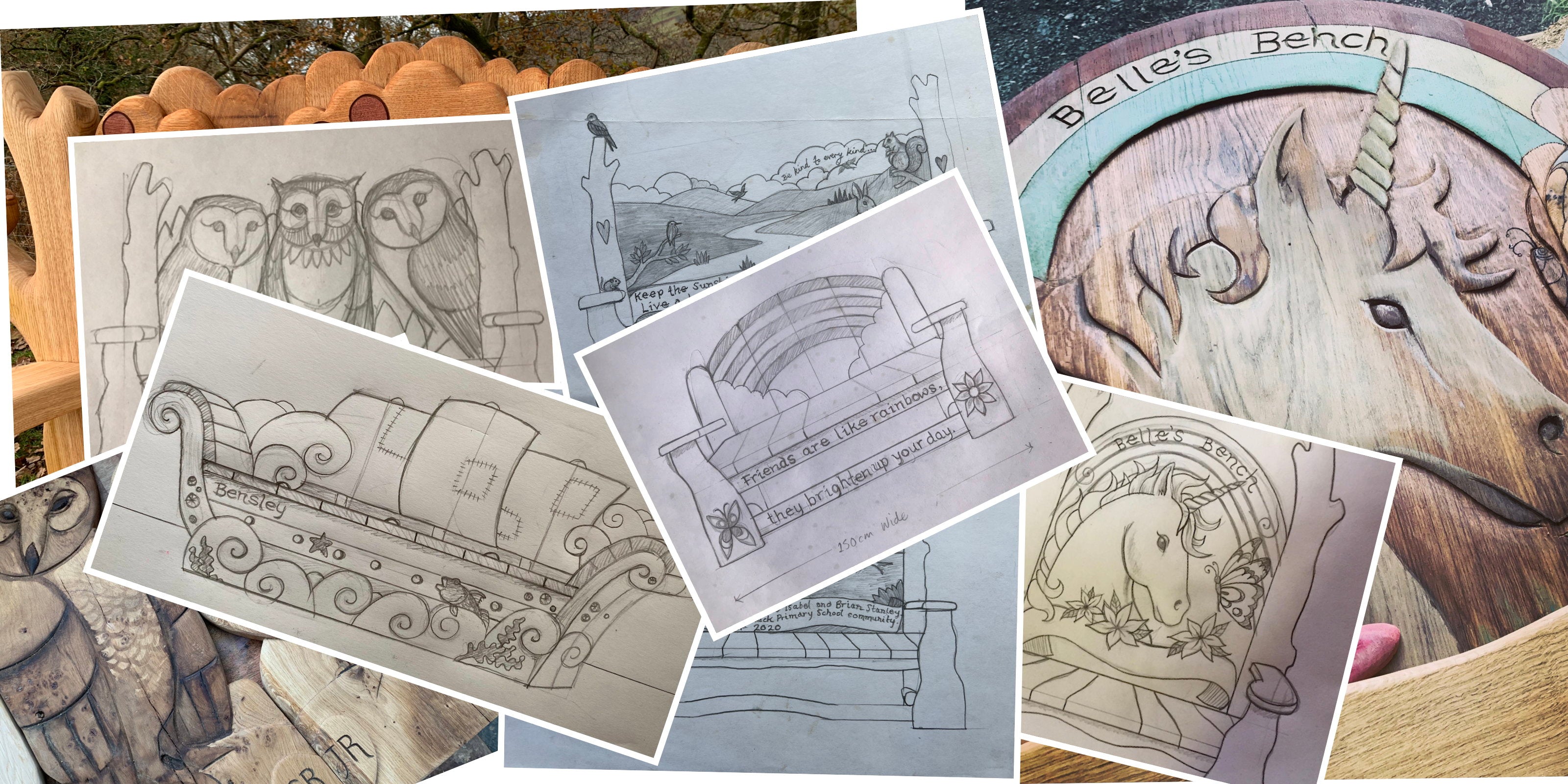 A collage of hand-drawn sketches and completed carvings for memorial benches, showcasing intricate designs. The images include artistic concepts such as owls, unicorns, pastoral landscapes, and sailing ships, alongside carved examples like “Belle’s Bench” featuring a colorful unicorn. The designs emphasize personal touches and thoughtful details, ideal for commemorative or memorial benches