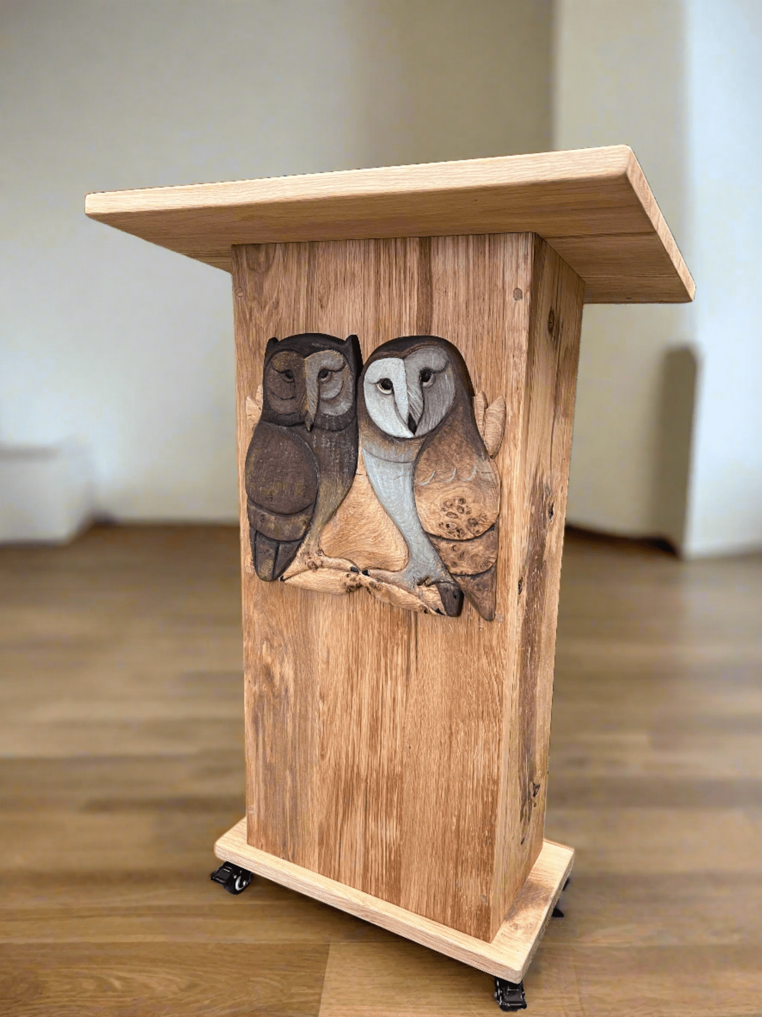 Handmade wooden school lectern with twin carved owl design — bespoke, Wales