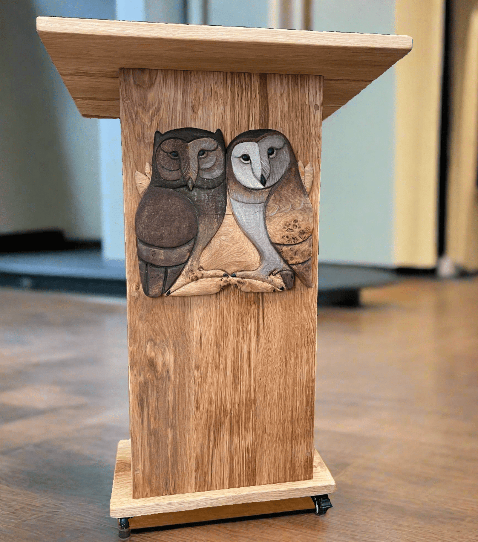 Custom school lectern with detailed carved owl carvings — solid wood, handmade Wales
