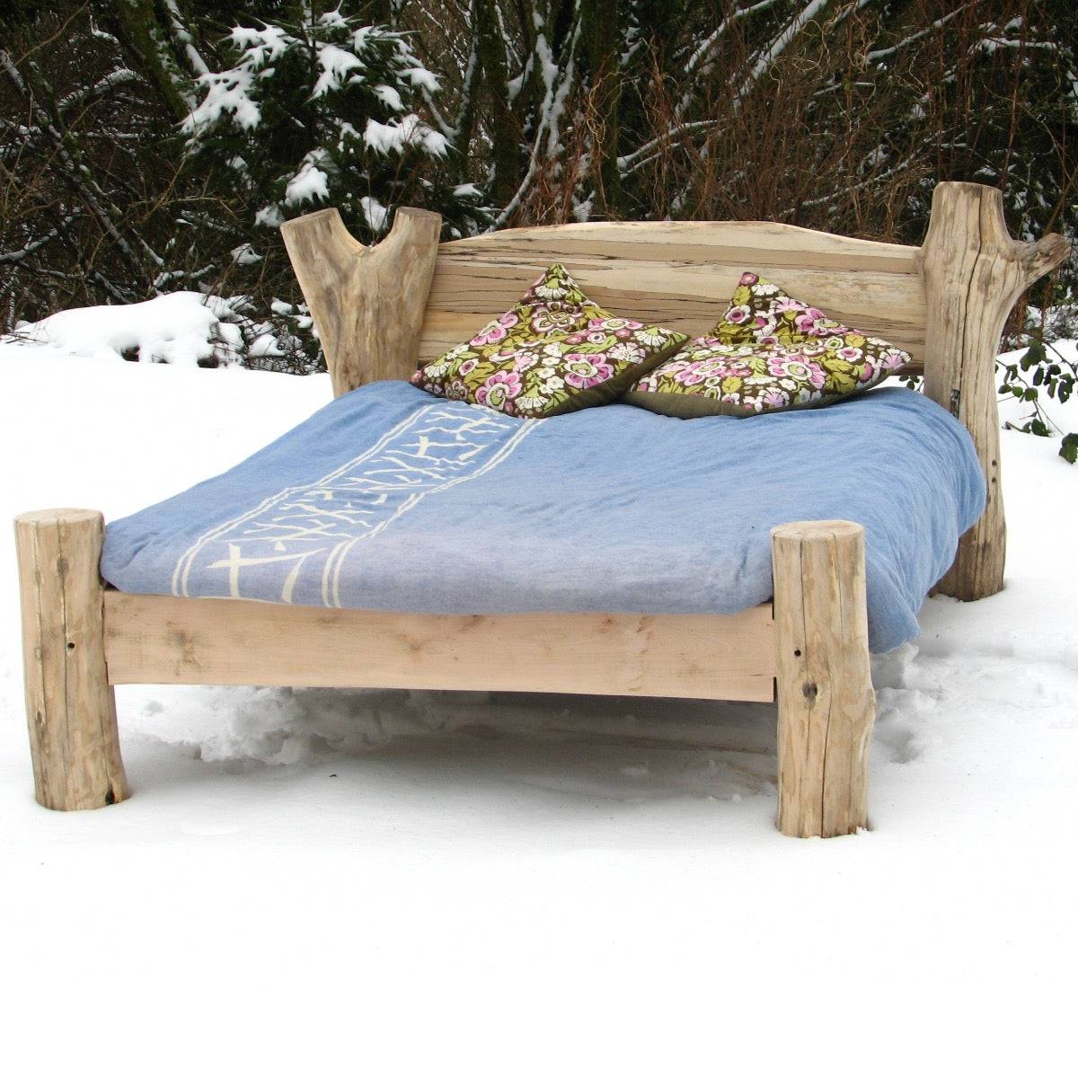 Handmade wooden beech driftwood bed with spalted beech backboard, eco-friendly and rustic design, perfect for natural interiors.