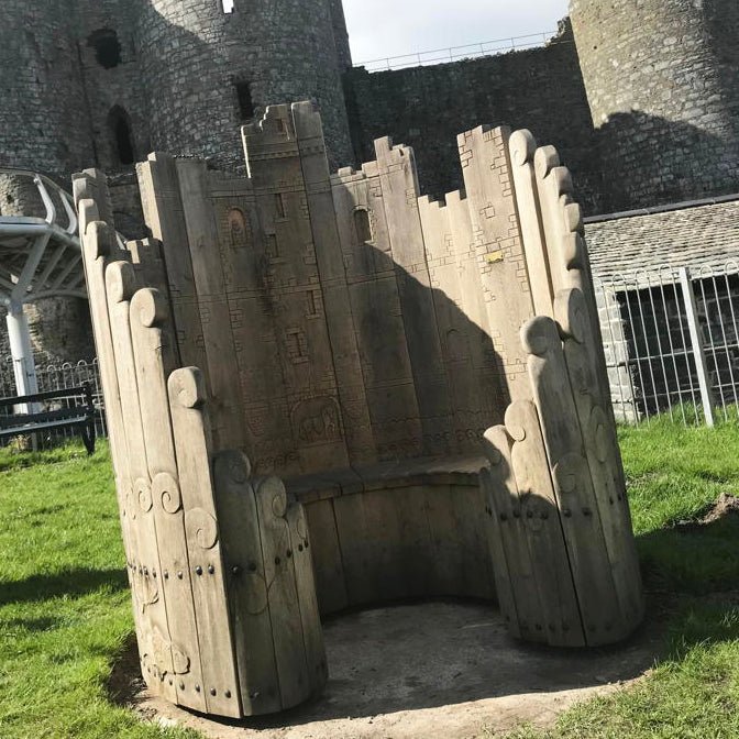 Harlech Castle-inspired circular bench — handmade solid oak, Wales