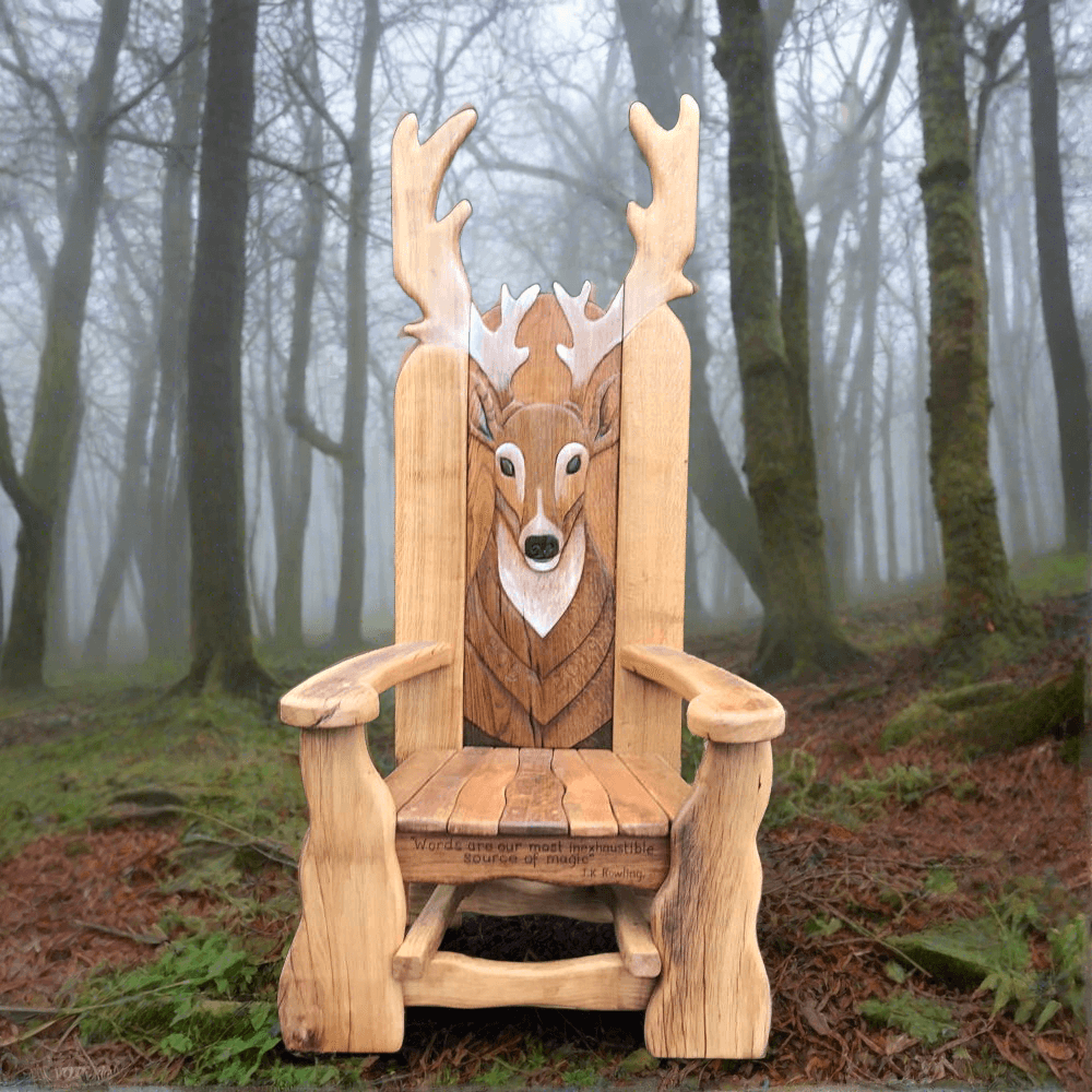 Stag Storytelling Chair in misty woods