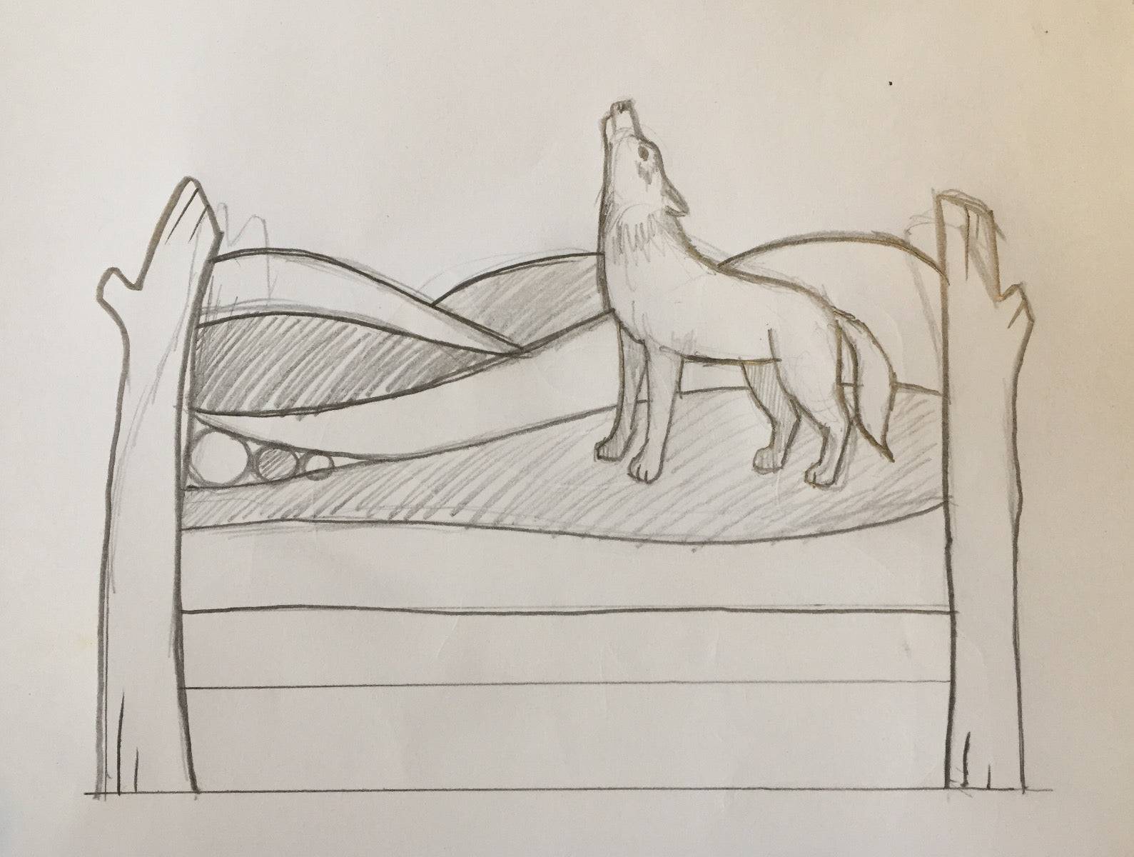 Skizze für ein Bett im Wolfsdesign