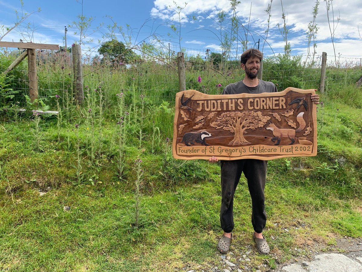 Handcarved woodland oak outdoor signs — bespoke carved natural wood signs, Wales